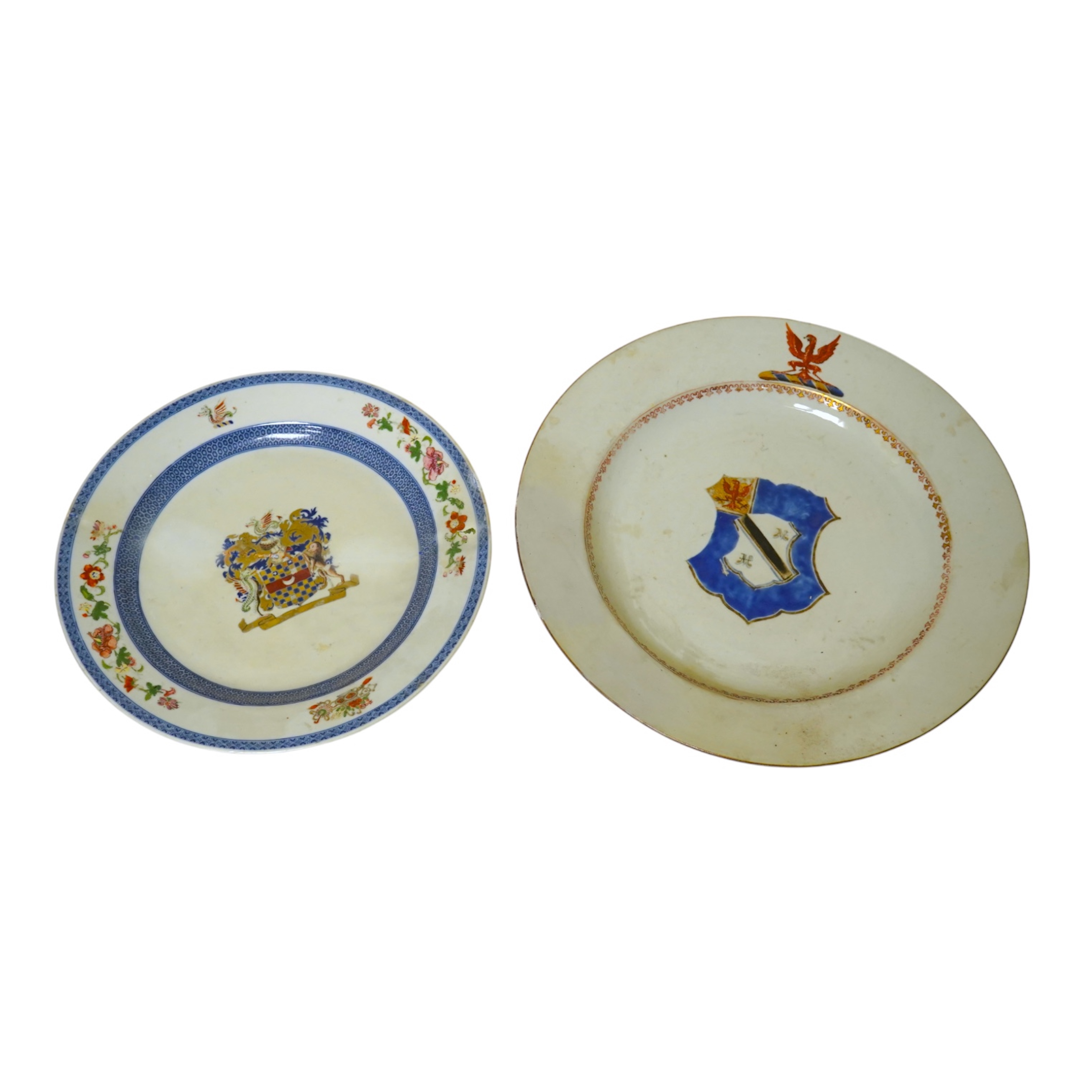 Two 18th century Chinese armorial dishes with arms of Way and Clifford, largest 35cm. Condition - both restored